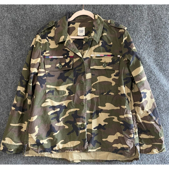 Gap Womens Large Camouflage Shirt Jacket Shacket Patches - Picture 1 of 10